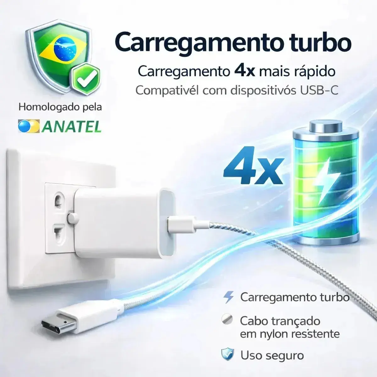 Carregador Turbo 55w USB-C Com Cabo Tipo C 1 Metro Fonte Bivolt 110v/220v, Carregamento Rápido Fast Charge, Ideal Para Celular Android, Compatível Com iPhone Samsung Motorola Xiaomi LG thumbnail 3