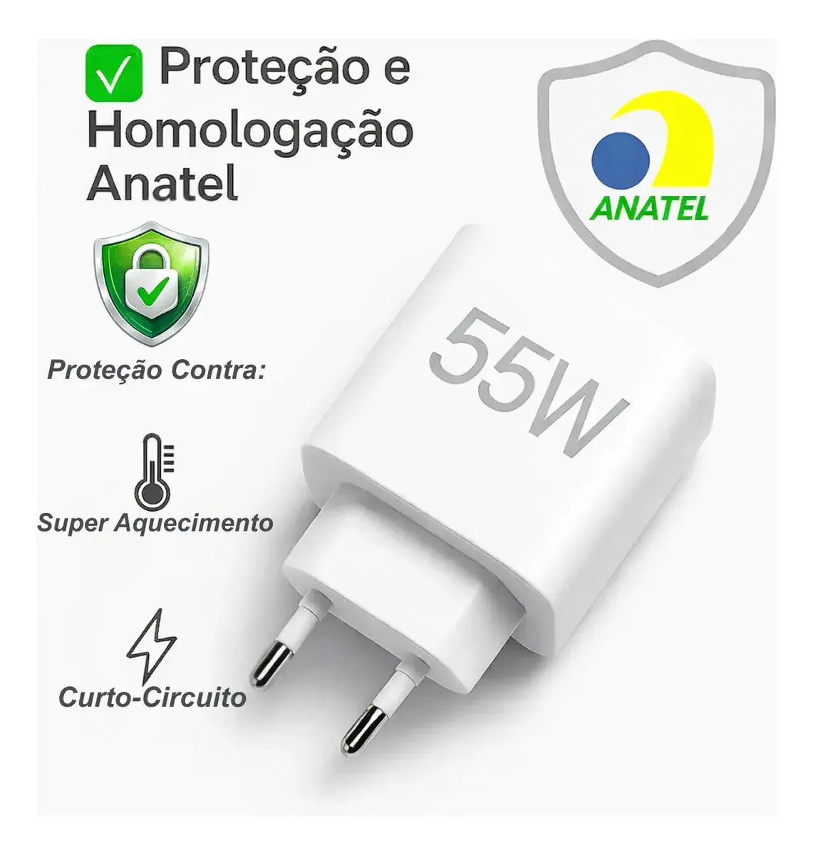 Carregador Turbo 55w USB-C Com Cabo Tipo C 1 Metro Fonte Bivolt 110v/220v, Carregamento Rápido Fast Charge, Ideal Para Celular Android, Compatível Com iPhone Samsung Motorola Xiaomi LG thumbnail 4