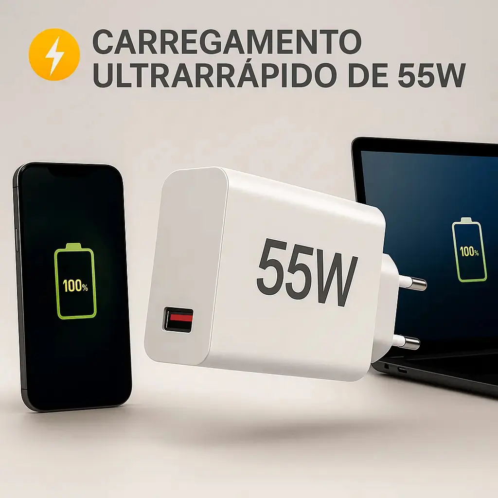 Carregador Turbo 55w USB-C Com Cabo Tipo C 1 Metro Fonte Bivolt 110v/220v, Carregamento Rápido Fast Charge, Ideal Para Celular Android, Compatível Com iPhone Samsung Motorola Xiaomi LG thumbnail 7