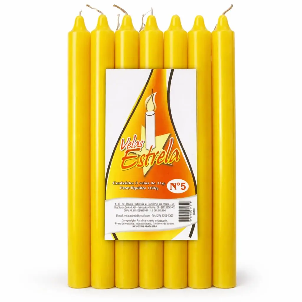 Vela Amarela 16 cm Palito | Kit com 8 | Parafina 100% Pura Velas Estrela | Kit com 8, Parafina 100% Pura