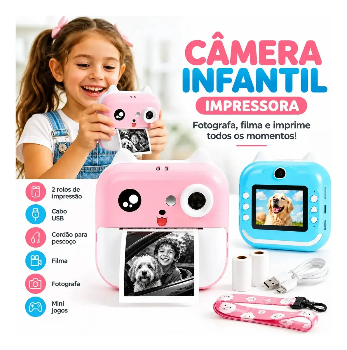 Câmera Digital Infantil Impressão Instantânea Dorama Foto Polaroid Grava vídeos Jogos interativos Rosa Remx Shop