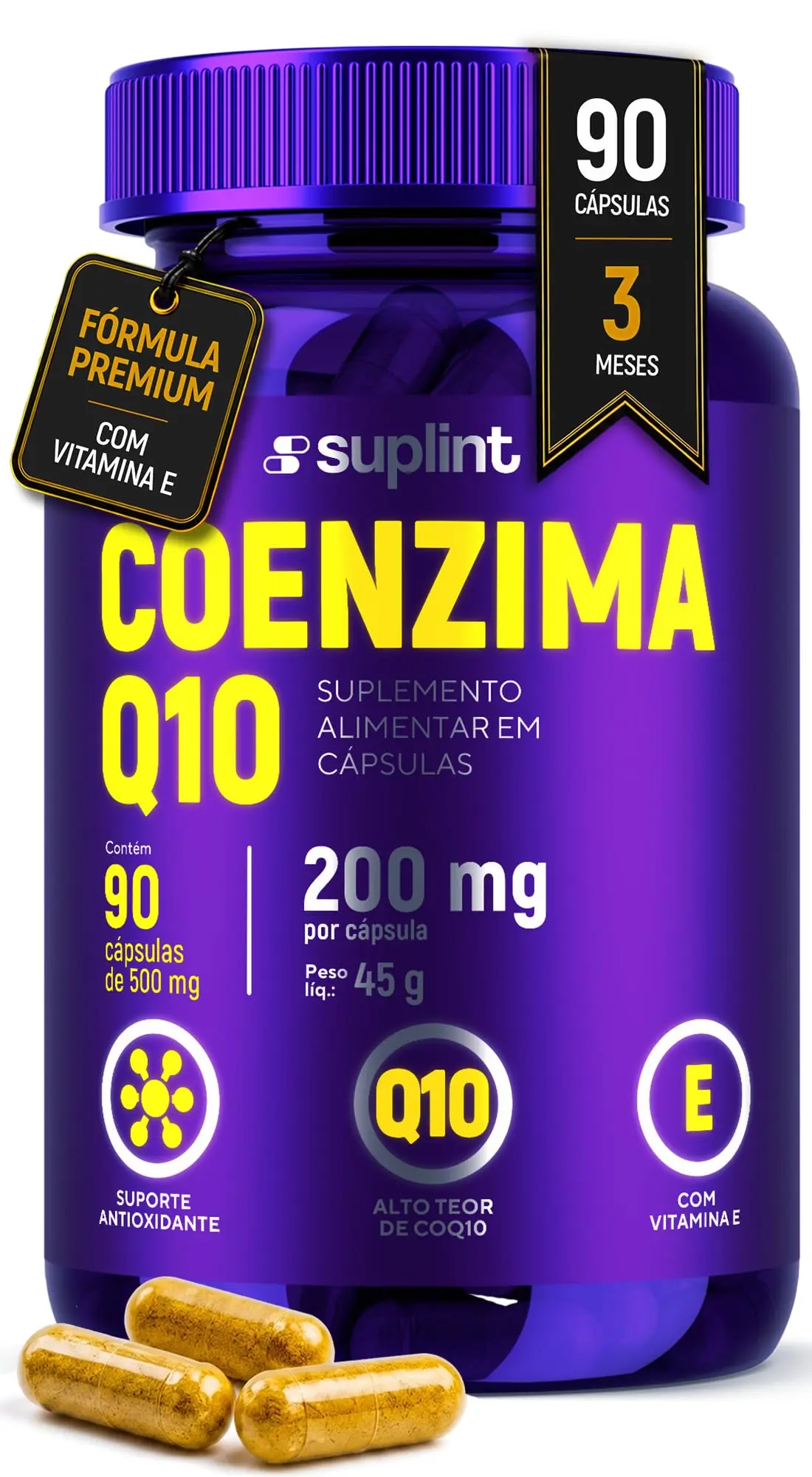 Coenzima Q10 200 mg com Vitamina E – Suplemento Antioxidante Vegano | Sem Glúten, Sem Corantes | 90 Cápsulas