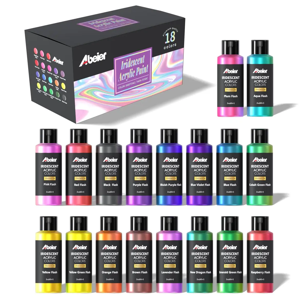 Tinta acrílica iridescente Abeier, conjunto de 18 cores camaleão, frascos de 60 ml, não tóxica, alta viscosidade, misturável, para rochas, artesanato, madeira, tecido, cerâmica e pedra