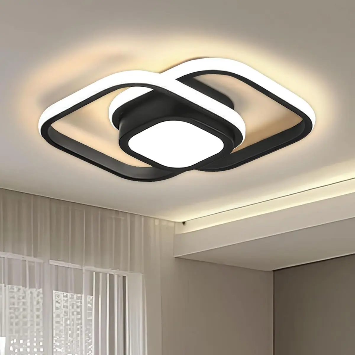 BEMMY Luminária de Teto, Lustre Quadradocom Holofote, Quarto, Cozinha, Sala de Estar, Decoração, Lustre Regulável 3 Cores de Luz Ajustáveis ​​85-265V (Preto)