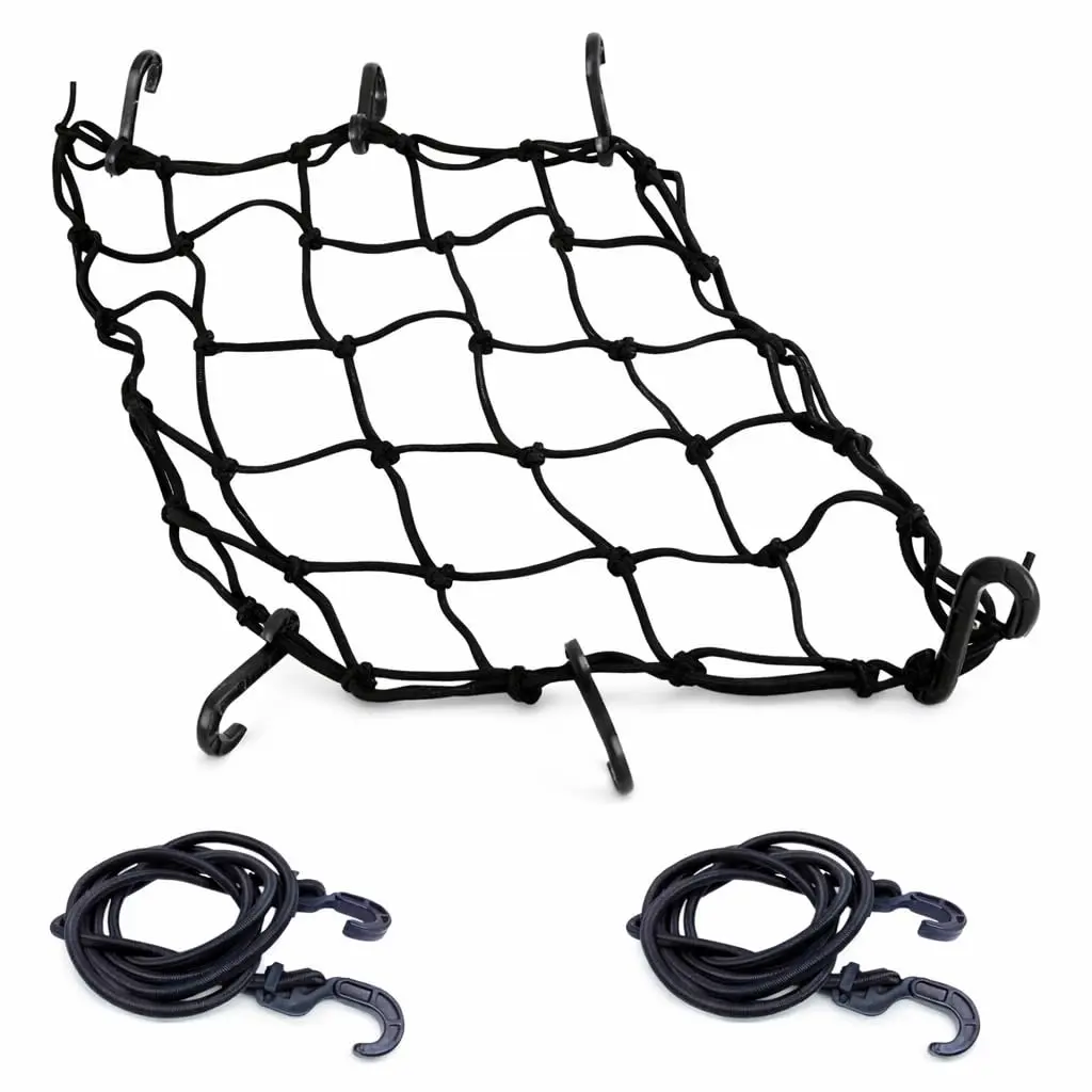Rede Elástica para Moto 35x35cm com 2 Elásticos 1,5m, Ganchos Resistentes, Kit Completo para Transporte Seguro