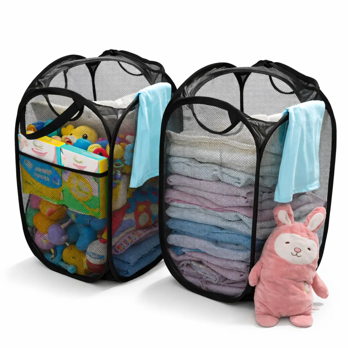 Cesto Organizador Infantil Dobrável 56cm, Multiuso para Brinquedos e Roupa Suja, Tela Respirável, Estrutura Leve, Kit com 2 Unidades (PRETO) - 1