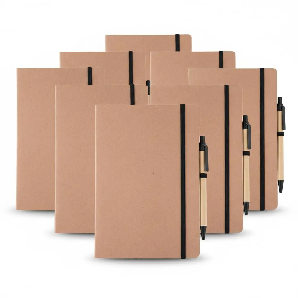 Kit Escritório Ecológico, Caderno de Anotações em Papel Kraft 21,5x14cm com 30 Folhas Pautadas, Elástico e Suporte para Caneta, Inclui Caneta de Papel Reciclado (10, Preto) - 1