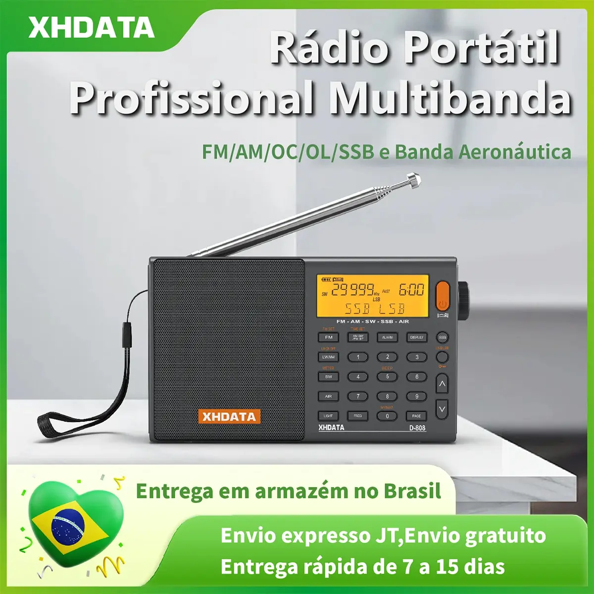 Rádio XHDATA D808 DSP Profissional FM Estéreo Real SSB Alta Qualidade OC OL AM Avião Bateria 2600mAh Antena Externa Alta Sensibilidade