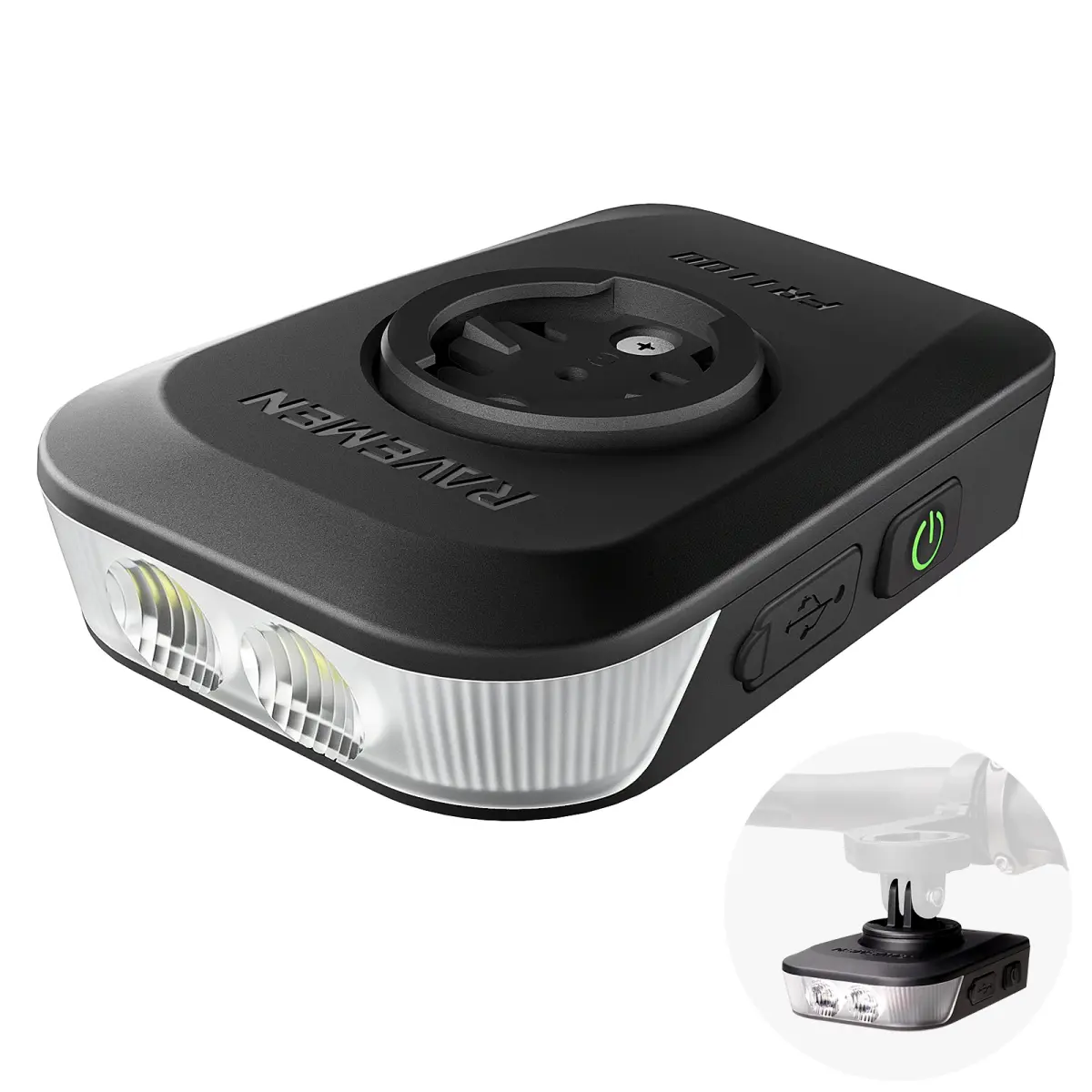 Lanterna Frontal para Bicicleta RAVEMEN FR1100 SE para Garmin Wahoo Bryton IGPSPORT GPS, Recarregável via USB-C, Luz Diurna de Advertência, Iluminação Noturna com Acendimento/Desligamento Automático