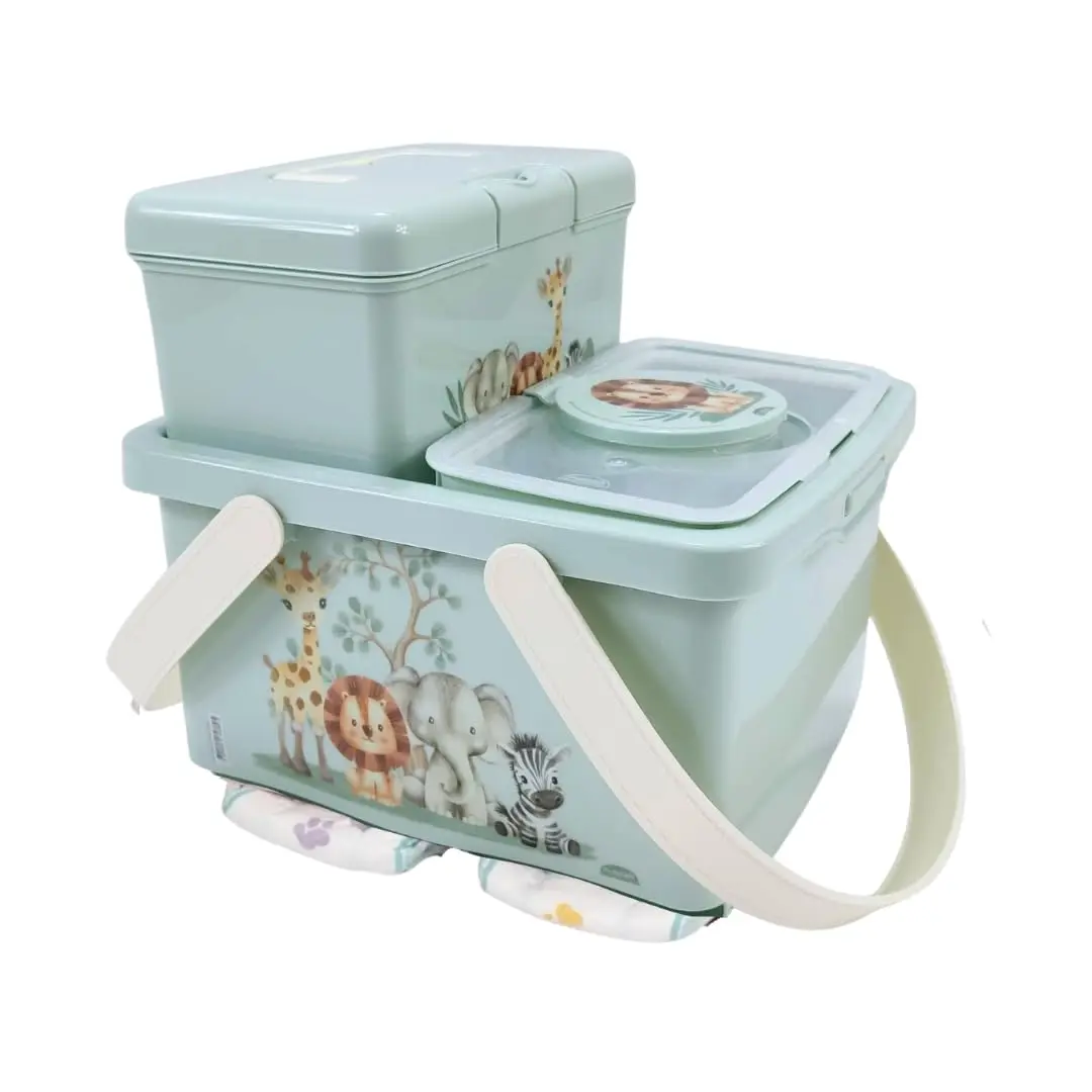 Kit Organizador Bebê 3 Peças Plasútil Porta Fraldas E Lenços (Safari)