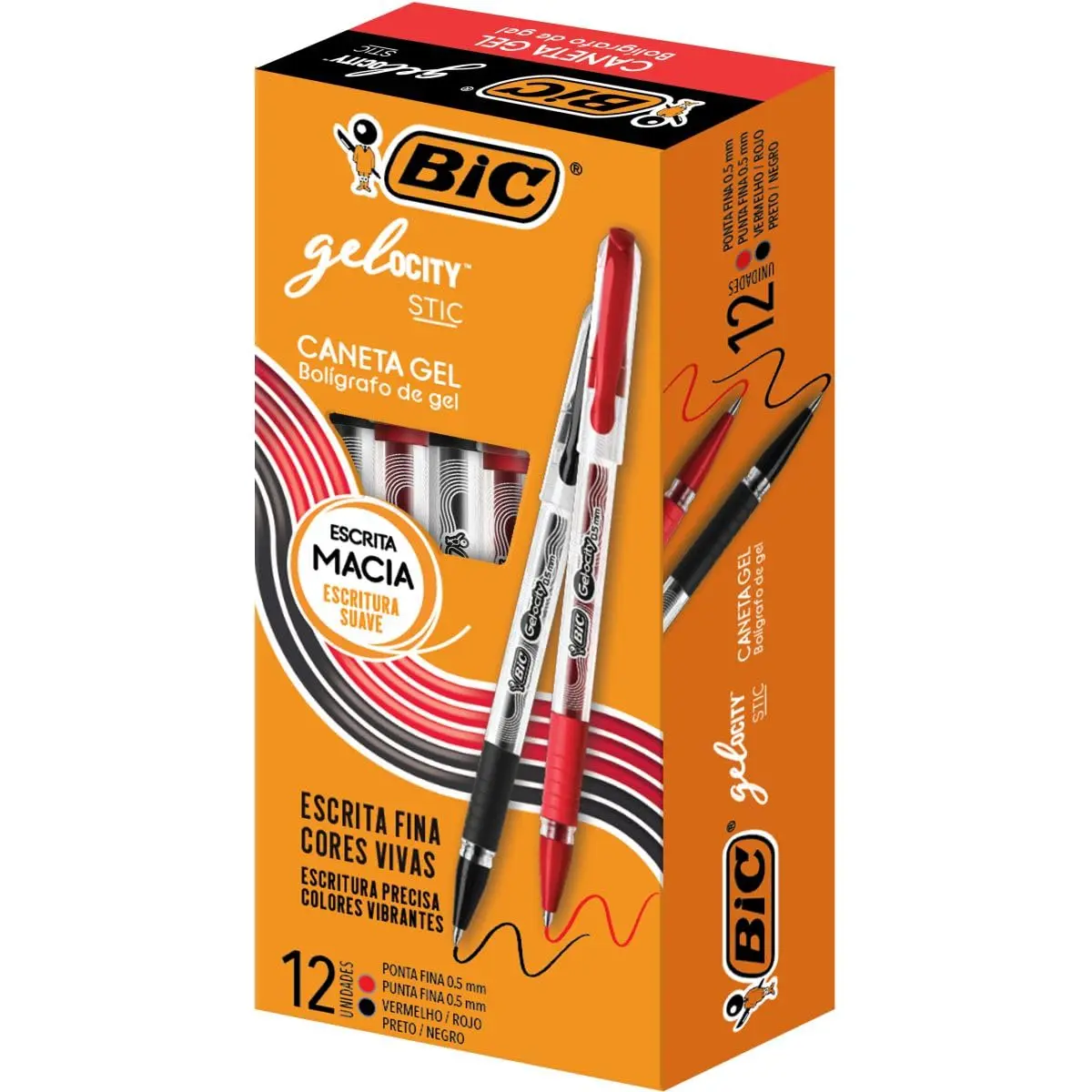 BIC, Caneta em Gel, Gelocity, Ponta Fina, Vermelho e Preto, 12 Unidades