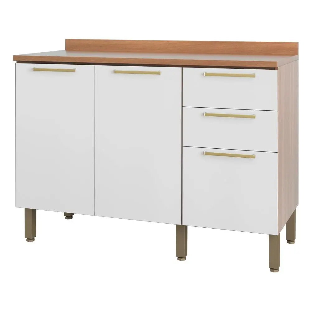 Balcão Sálvia 120cm C/tampo 2 Pts 3 Gavetas Freijó e Branco
