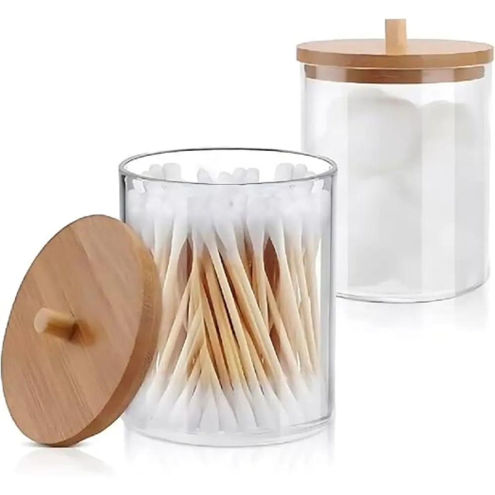 Kit de 2 Potes Organizador em Acrílico com Tampa de Bambu Ideal para Cotonetes e Algodão - 1