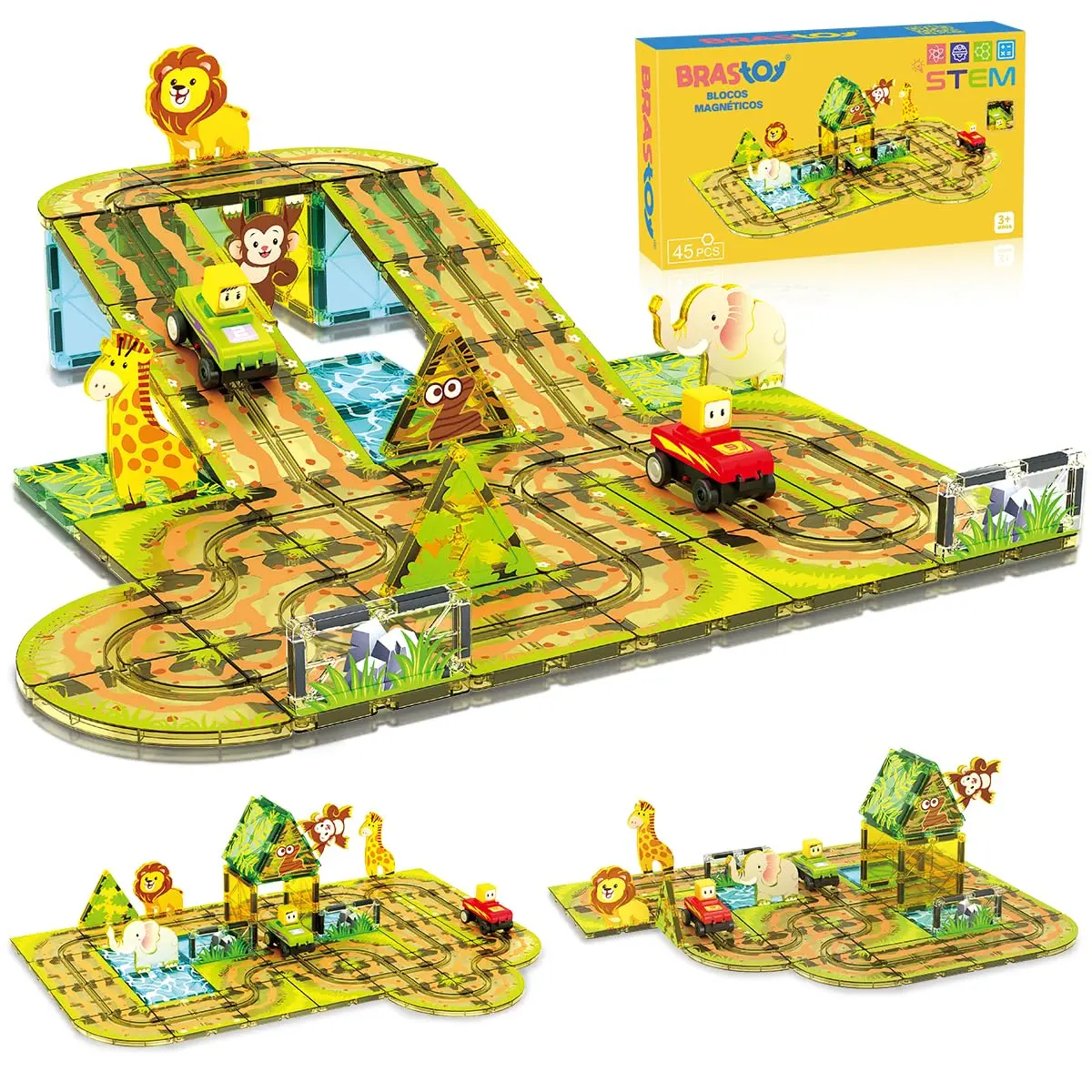 Blocos de Montar Magnéticos Construção STEM Brinquedos Infantil (45 Peças Com Animais)