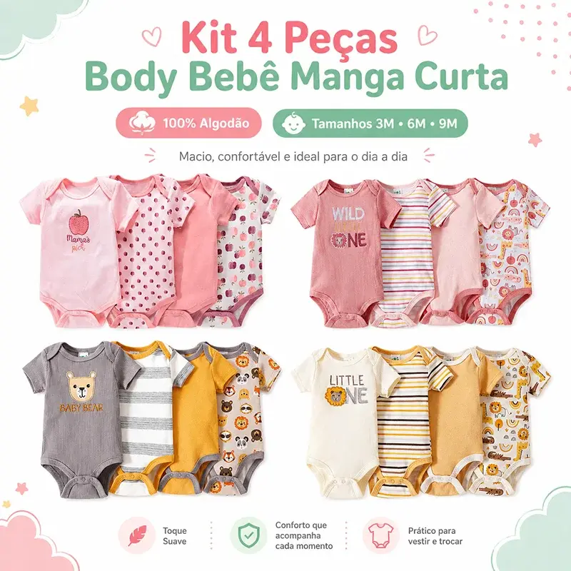 Kit Body Bebê 4 Peças Manga Curta Algodão Macio com Botões de Pressão Menino e Menina