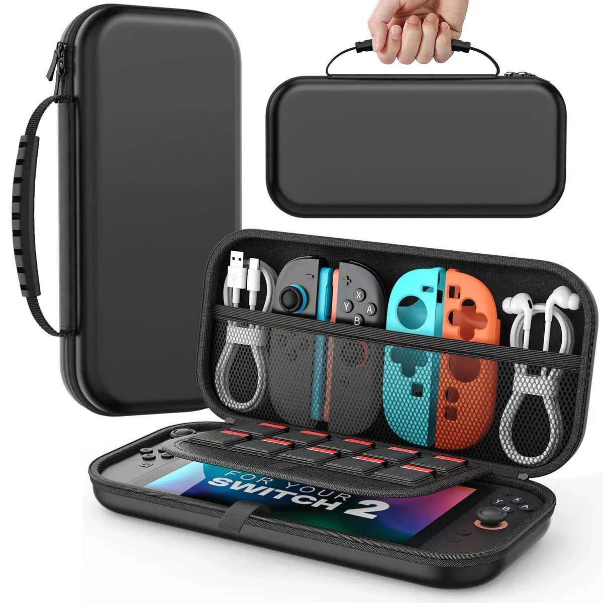 Case para Nintendo Switch 2 2025, Case Protetora Rígida Portátil com Compartimento para 10 Cartuchos e Bolsos para Acessórios for Switch 2 Accessories and Games, Preto