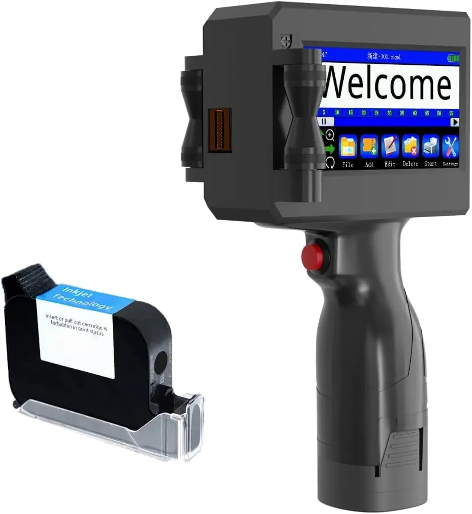 Impressora Jato de Tinta Portátil com Cartucho de Tinta Incluso, Tela Touch 4,3", Resolução até 600DPI, Velocidade 40m/min, Bivolt 127/220V Bateria 2000mAh, Imprime Texto, Data, Logo, Código de Barras