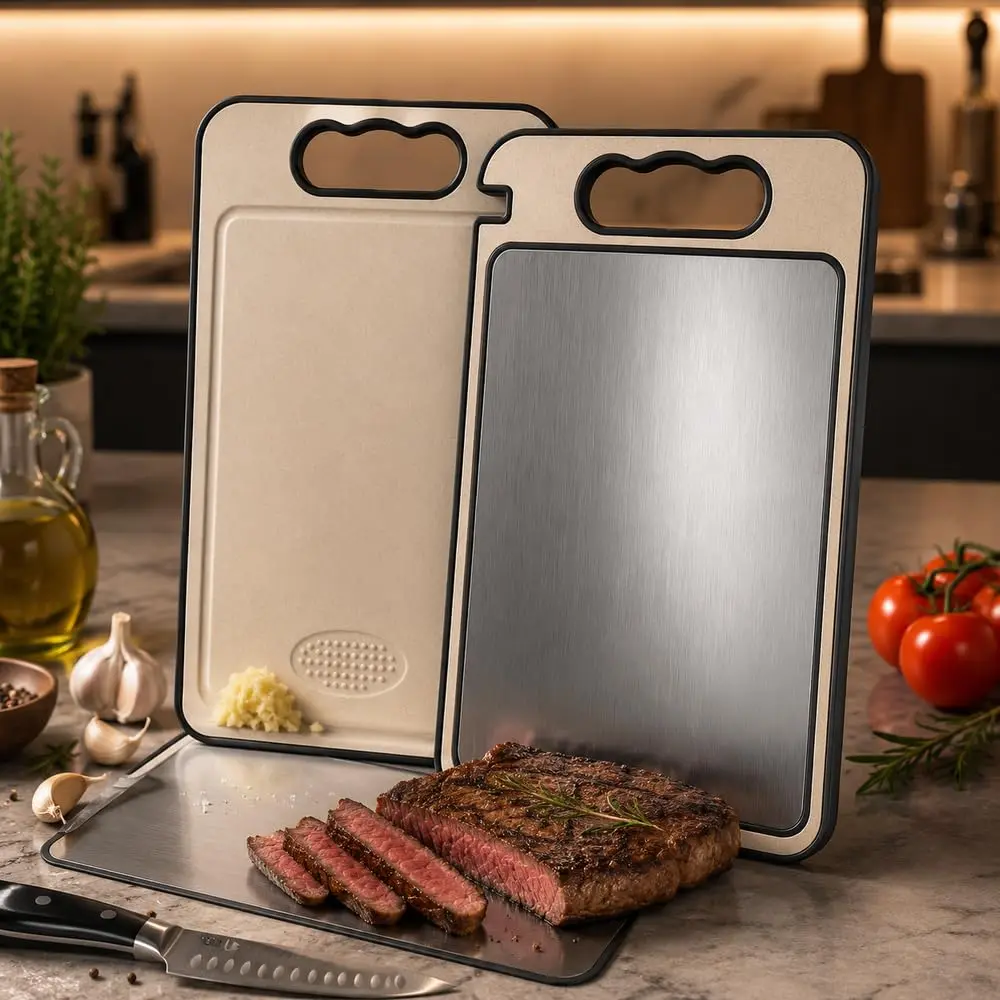 Tábua de Corte Inox Dupla Face para Cozinha Fibra de Trigo e Afiador | antirrespingo; base antiderrapante; descascador integrado; superfície higiênica