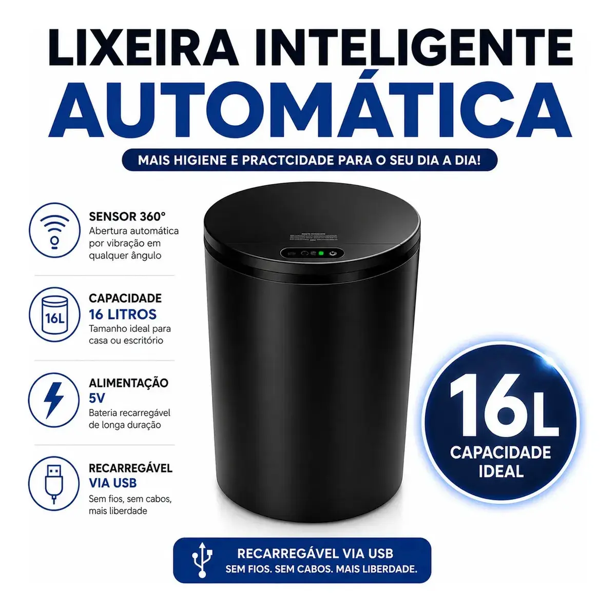 Lixeira Inteligente Automática com Sensor para Cozinha e Banheiro, 16 Litros Preto