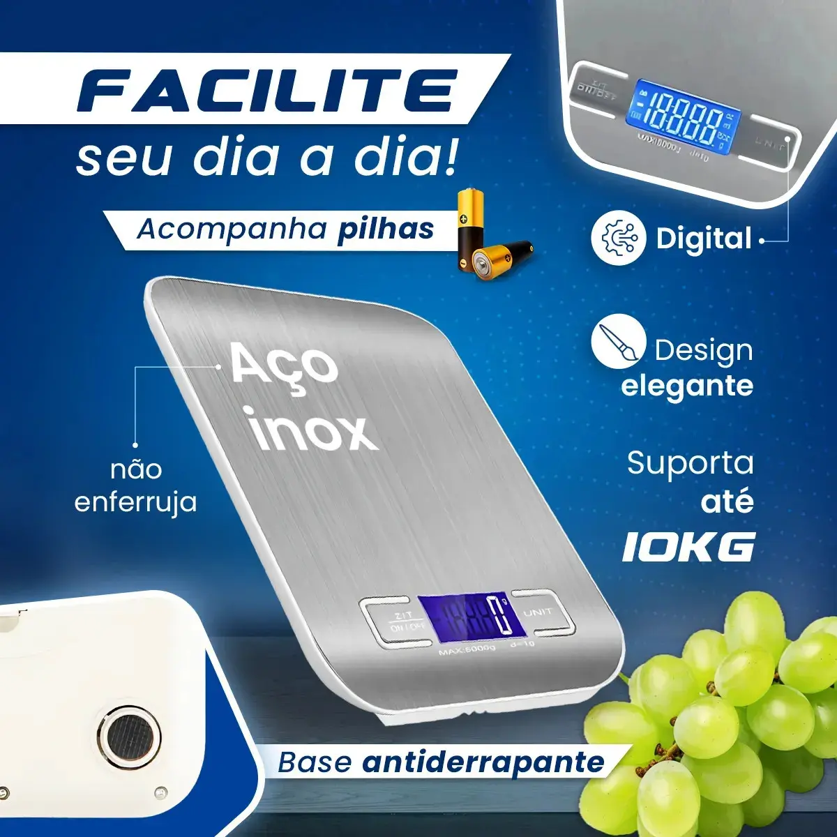 Balança Digital Cozinha Fitness Inox 10kg Alimentos Visor Grande Alta Precisão Pesar Dieta Portátil Profissional E Domestico Confeitaria Nutricional Ingredientes Foods Comida Prateada Pilha Nixzen thumbnail 2