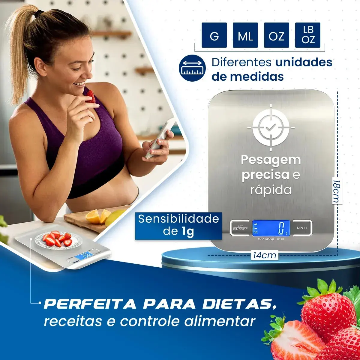 Balança Digital Cozinha Fitness Inox 10kg Alimentos Visor Grande Alta Precisão Pesar Dieta Portátil Profissional E Domestico Confeitaria Nutricional Ingredientes Foods Comida Prateada Pilha Nixzen thumbnail 3
