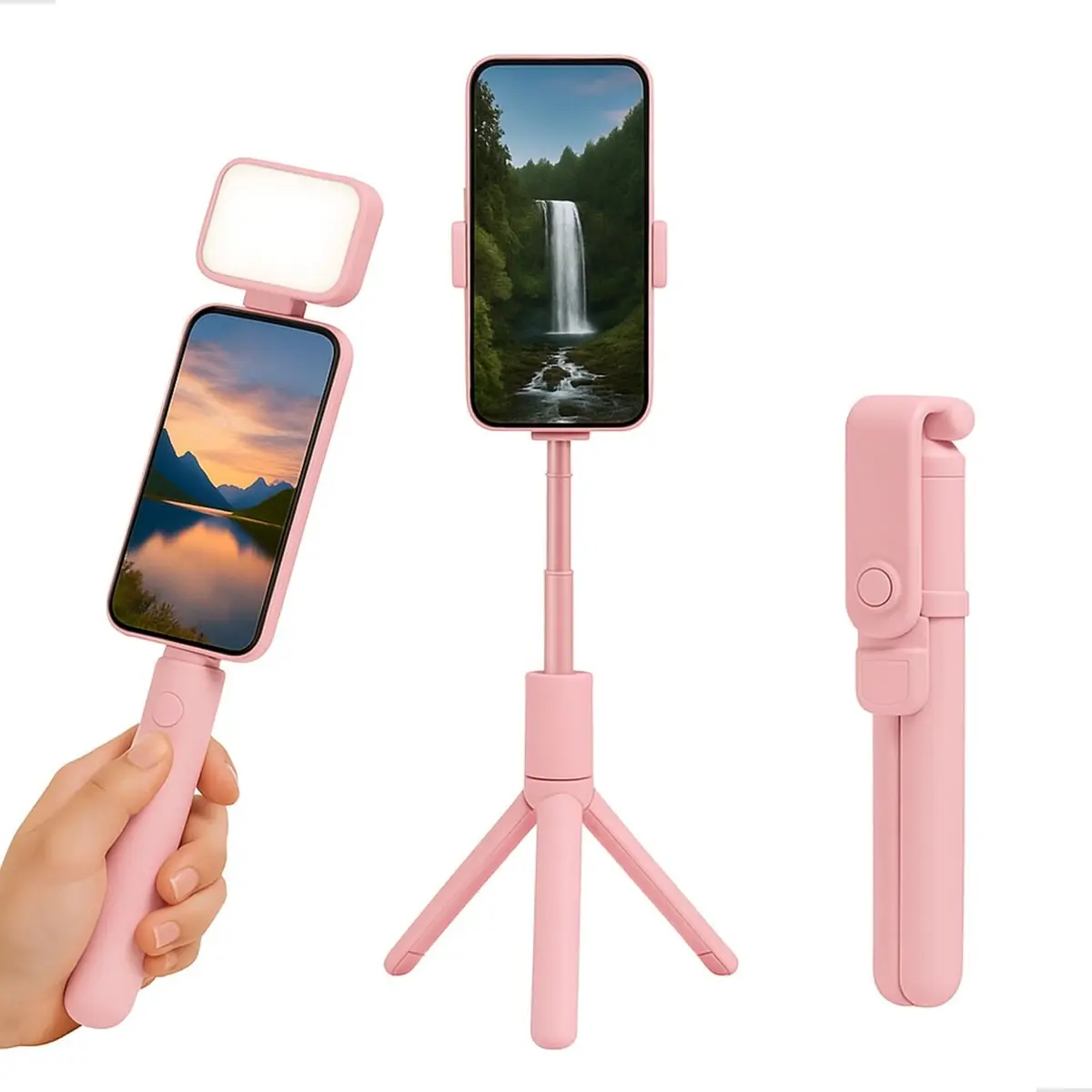 Tripé de Mesa com LED Embutido, Controle Remoto Bluetooth e Altura Ajustável até 72cm – Suporte Portátil para Celular (ds13467rosa)