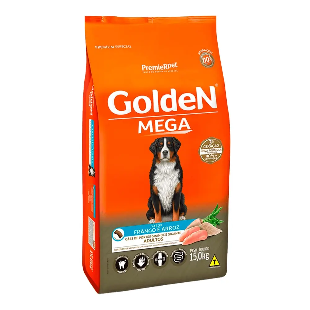 Ração Golden Mega para Cães Adultos de Raças Grandes Sabor Frango e Arroz 15kg