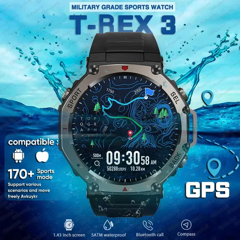 2025 novo t-rex 3 ultra masculino ao ar livre militar gps relógio inteligente amoled tela hd bússola 500mah bt chamada 5atm à prova dwaterproof água smartwatch