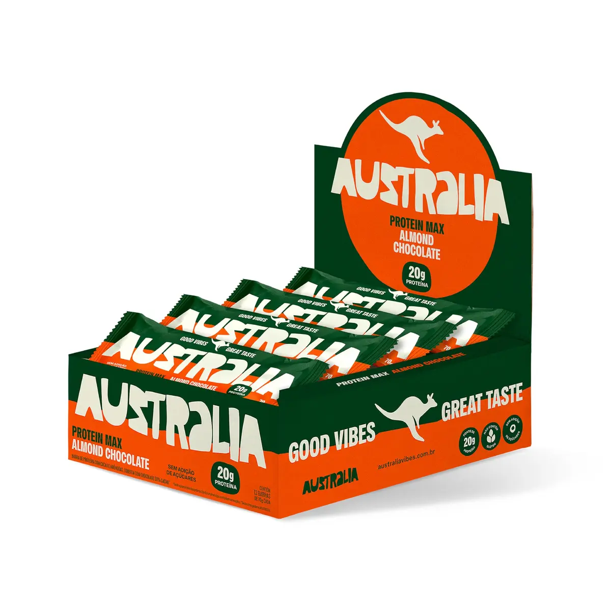 Australia Protein Max Almond Chocolate, Sem Glúten, Lactose e Açúcar, 70g | Barra plant-based com amêndoas, ótima como snack saudável. Display com 12 unidades, prática para levar no dia a dia. - 1