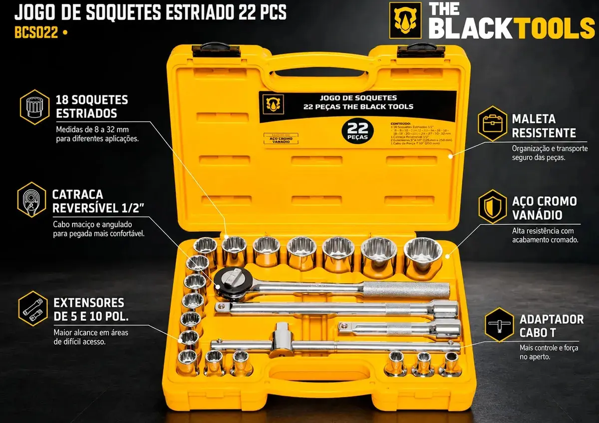 Jogo Kit de Ferramentas Manuais Chave Catraca 1/2 8 a 32mm BCS022 The Black Tools Cor Amarelo thumbnail 4