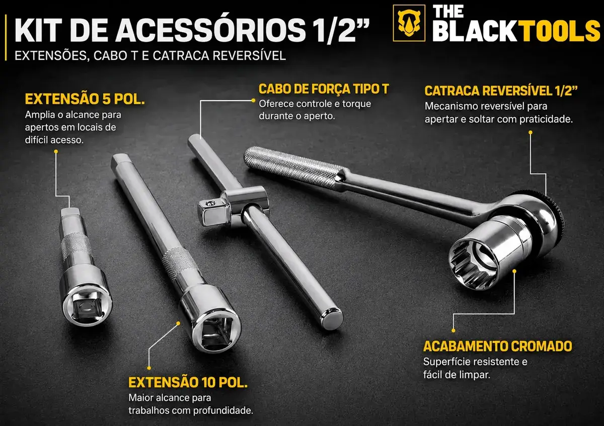 Jogo Kit de Ferramentas Manuais Chave Catraca 1/2 8 a 32mm BCS022 The Black Tools Cor Amarelo thumbnail 5