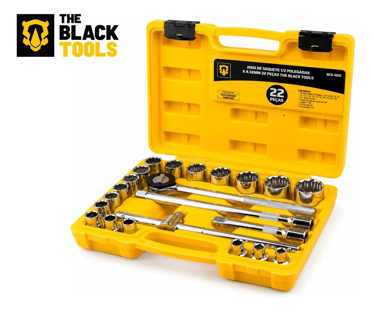 Jogo Kit de Ferramentas Manuais Chave Catraca 1/2 8 a 32mm BCS022 The Black Tools Cor Amarelo thumbnail 7