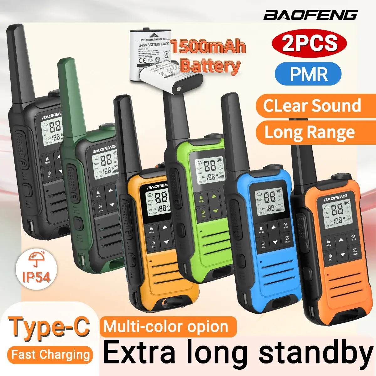 2 unidades de Walkie Talkie Mini Baofeng F22/T22 PMR de Longo Alcance, Recarregável, Portátil, Rádio Bidirecional com Carregador Tipo-C e Função VOX para Viagens de Camping