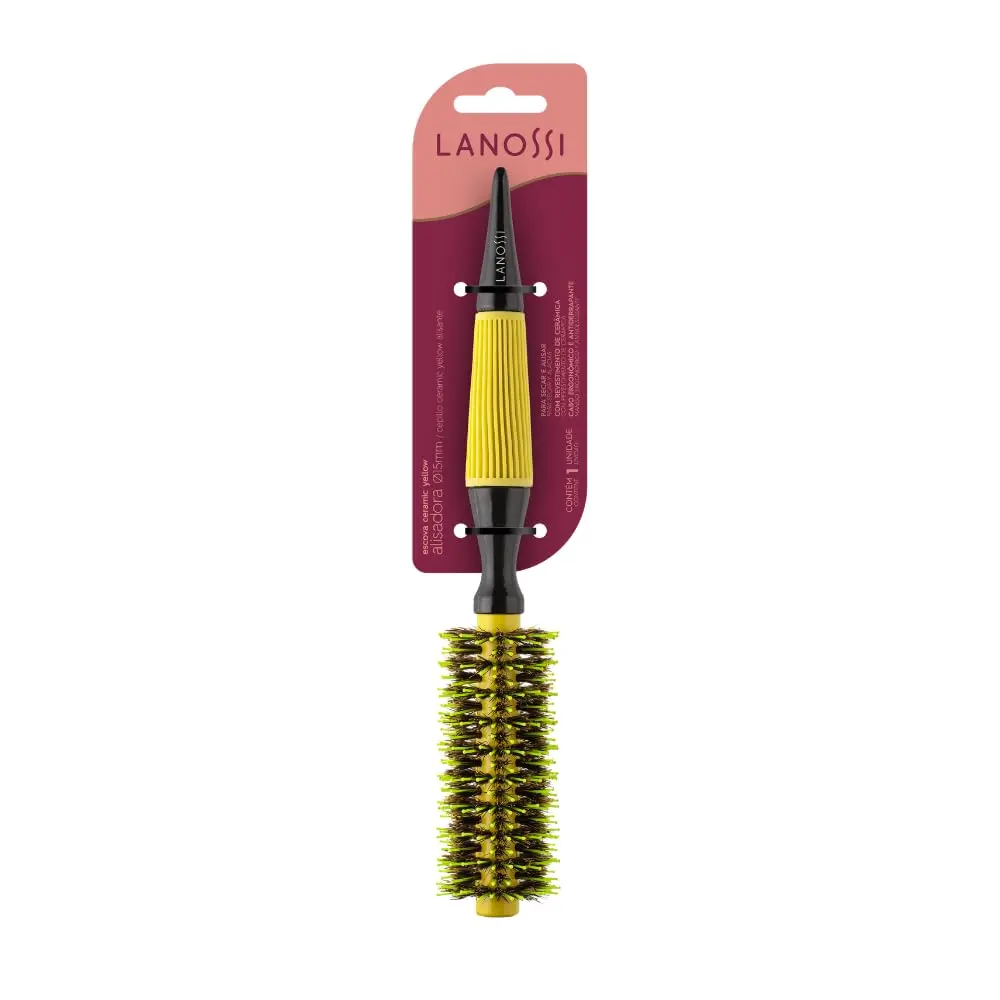 Lanossi - Escova Alisadora Térmica de 15mm, Cor Amarela, Linha Ceramic Yellow
