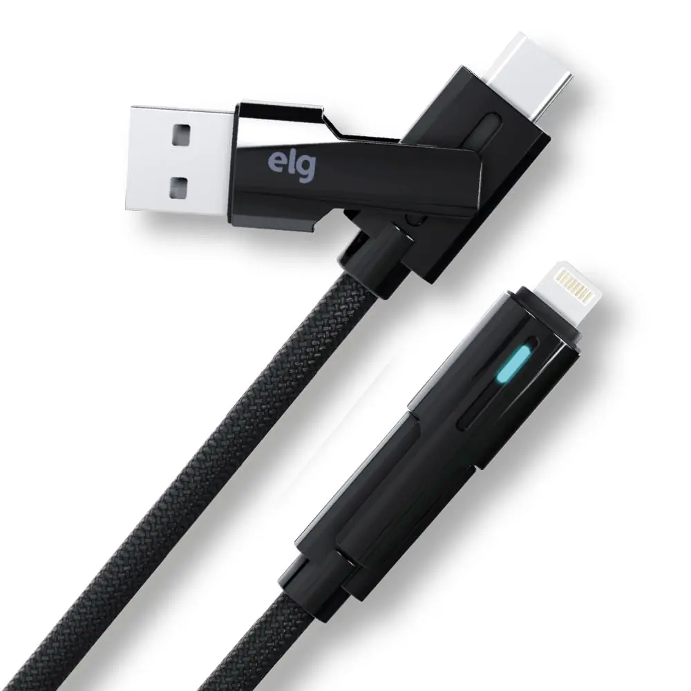 Cabo 4 em 1 ELG CS41FLEX Compatível com USB-C, Lightning e USB-A, 60W Power Delivery, 1,2m, Nylon Trançado,Preto, CS41FLEX, ELG