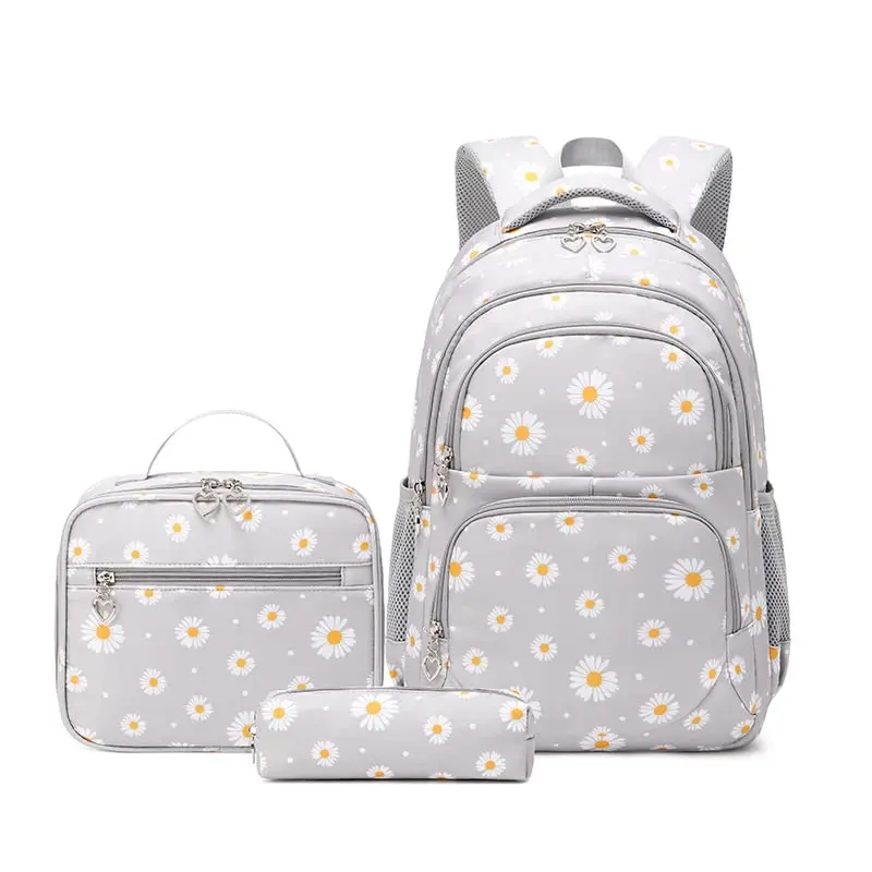 Conjunto de Mochila Escolar Feminina com Estampa de Margarida - 3 Peças com Bolsa de Almoço e Estojo de Lápis