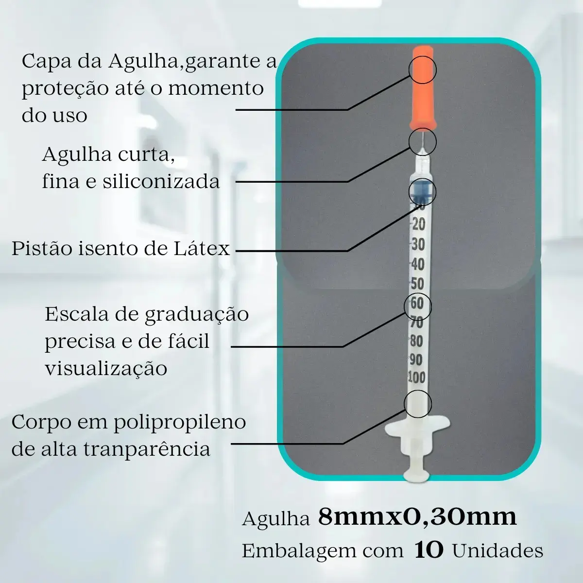 Seringa Insulina 1ml Agulha Fixa 8mmx0,3mm 100ui 10 Unidades 1 Ml thumbnail 6