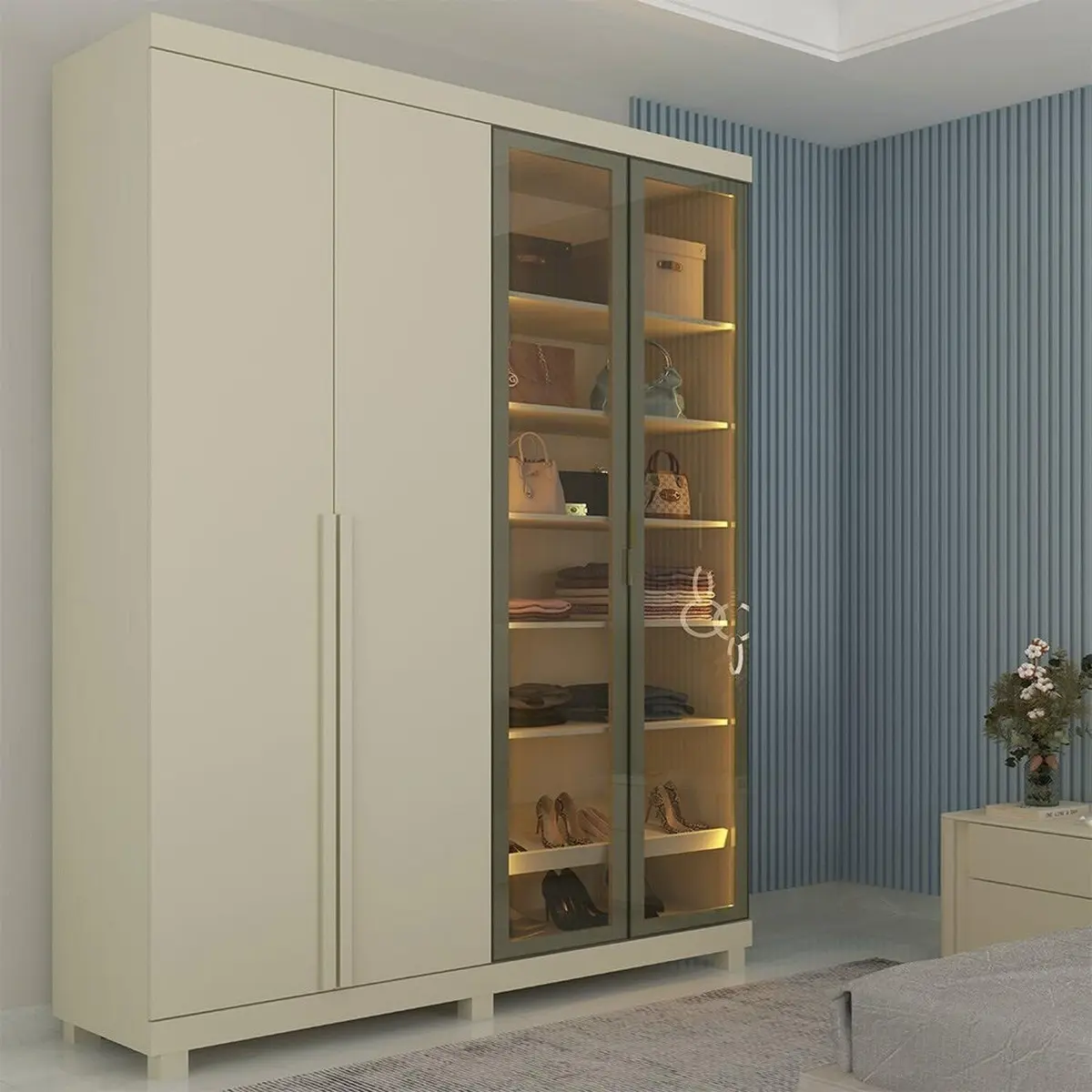 Guarda-Roupa Solteiro 4 Portas com 2 Portas Reflecta com Pés com LED Imperatriz 100% MDF Off White