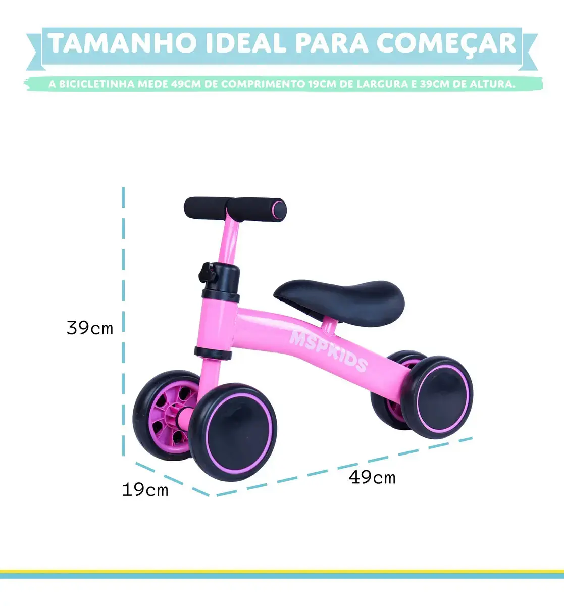 Bicicleta de Equilíbrio Infantil Rosa 4 Rodas Sem Pedal Bebê MSP Kids, Primeira Bike para Criança a Partir de 1 Ano, Assento Ergonômico, Guidão Ajustável até 140°, Pneus em EVA e Aço Carbono thumbnail 3