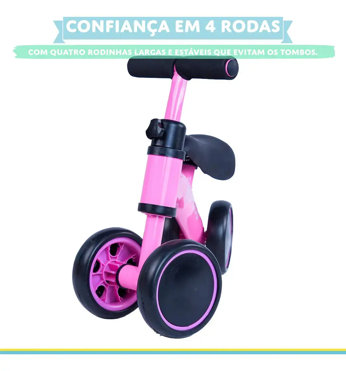 Bicicleta de Equilíbrio Infantil Rosa 4 Rodas Sem Pedal Bebê MSP Kids, Primeira Bike para Criança a Partir de 1 Ano, Assento Ergonômico, Guidão Ajustável até 140°, Pneus em EVA e Aço Carbono thumbnail 5
