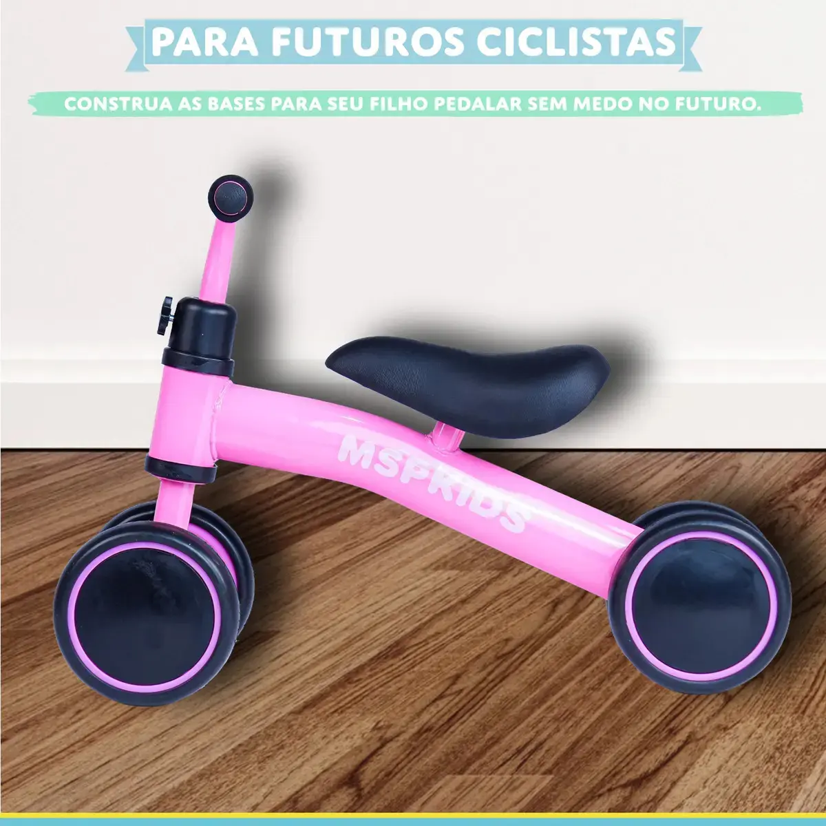 Bicicleta de Equilíbrio Infantil Rosa 4 Rodas Sem Pedal Bebê MSP Kids, Primeira Bike para Criança a Partir de 1 Ano, Assento Ergonômico, Guidão Ajustável até 140°, Pneus em EVA e Aço Carbono thumbnail 8