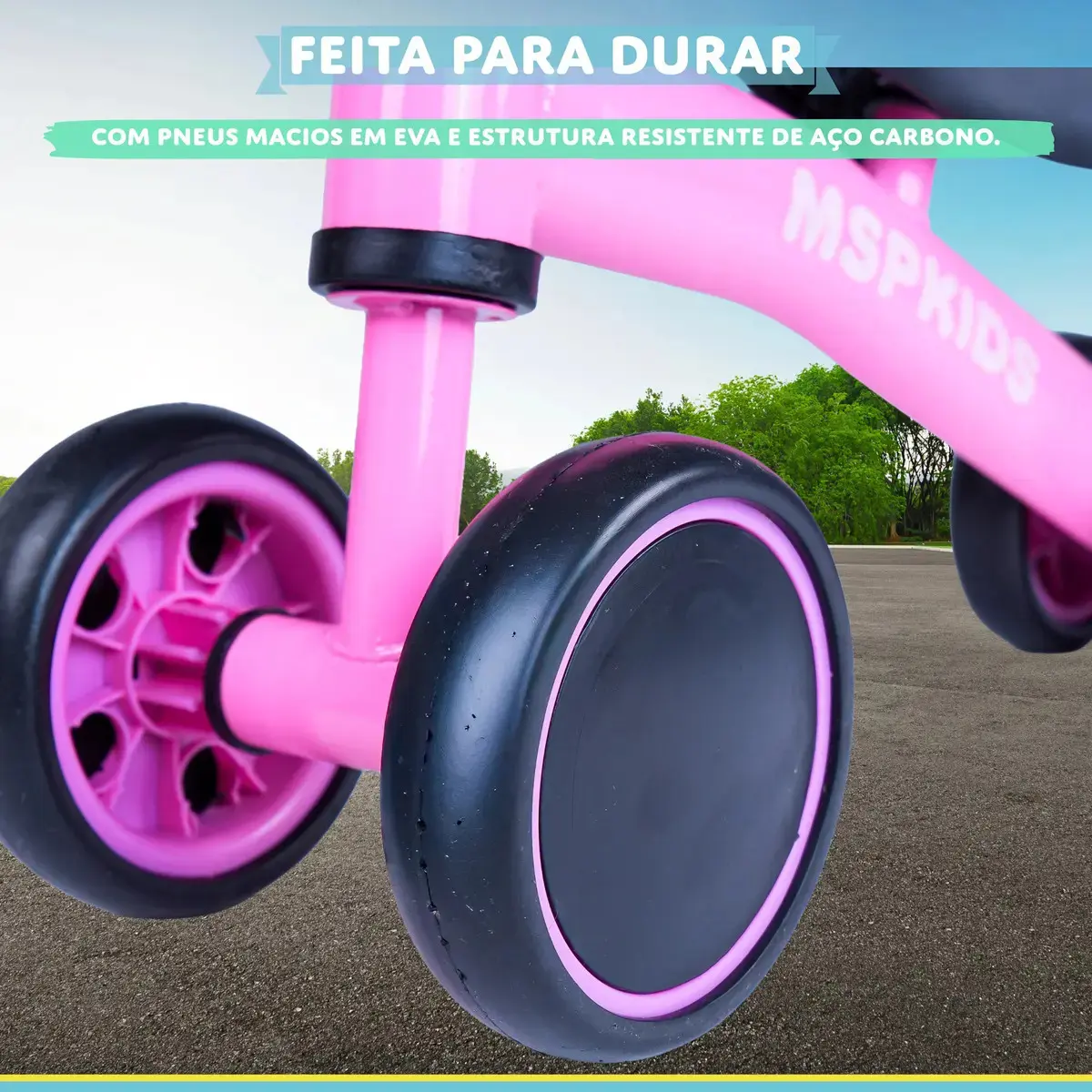 Bicicleta de Equilíbrio Infantil Rosa 4 Rodas Sem Pedal Bebê MSP Kids, Primeira Bike para Criança a Partir de 1 Ano, Assento Ergonômico, Guidão Ajustável até 140°, Pneus em EVA e Aço Carbono thumbnail 9
