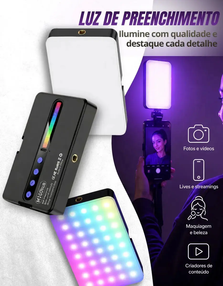 Luz De Preenchimento Led Rgb Para Foto Vídeo Recarregável Iluminador Portátil Retangular Ring Light thumbnail 4