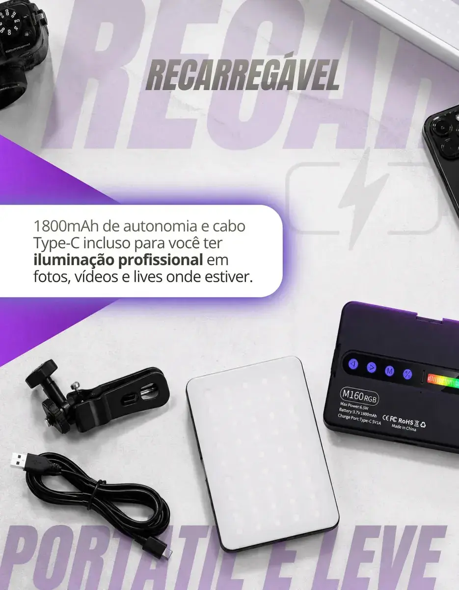 Luz De Preenchimento Led Rgb Para Foto Vídeo Recarregável Iluminador Portátil Retangular Ring Light thumbnail 5