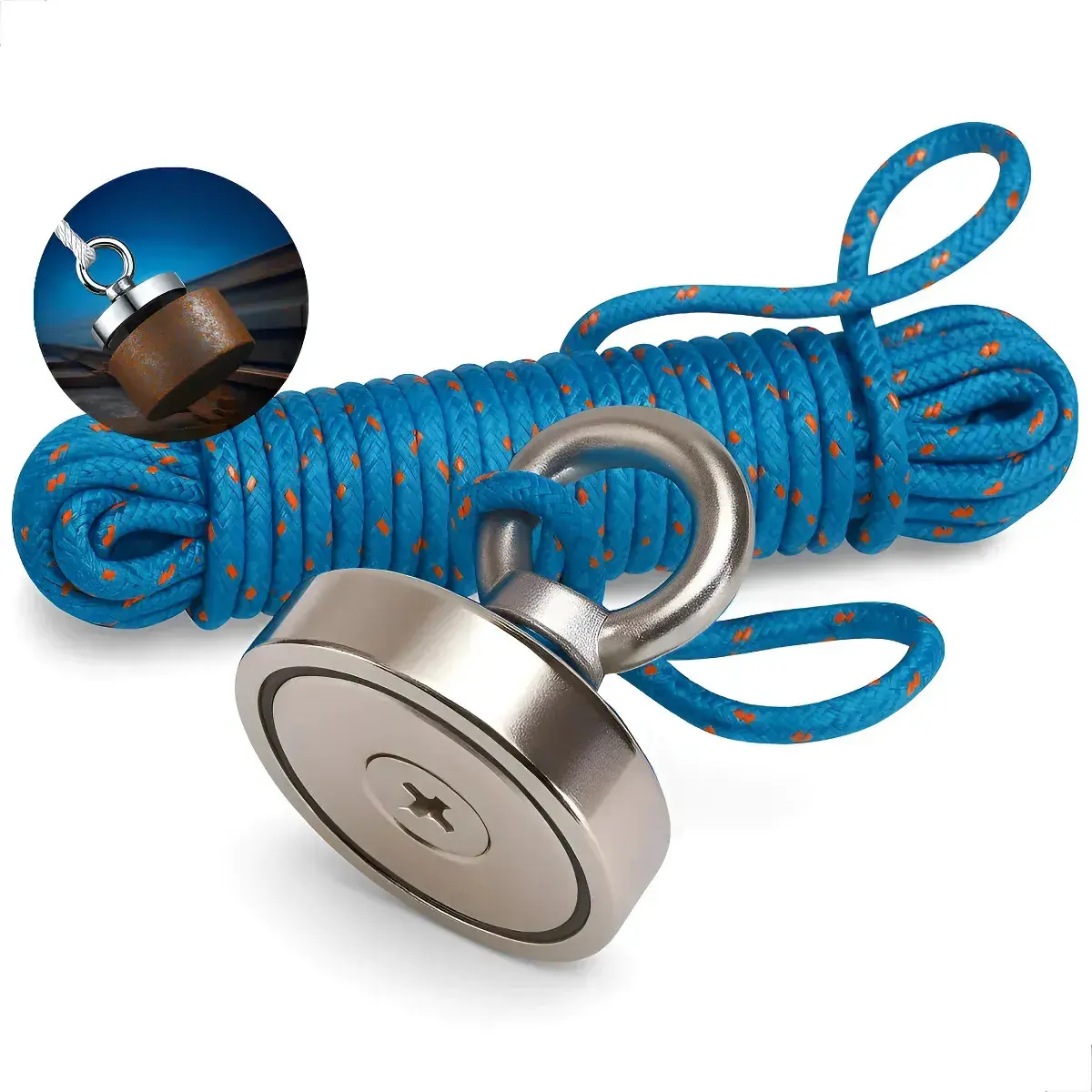 Ímã Neodímio Pesca Magnetica 200kg Anti Corrosão Com Corda 20m Super Forte + Mosquetão Inox Rio Lago Metais