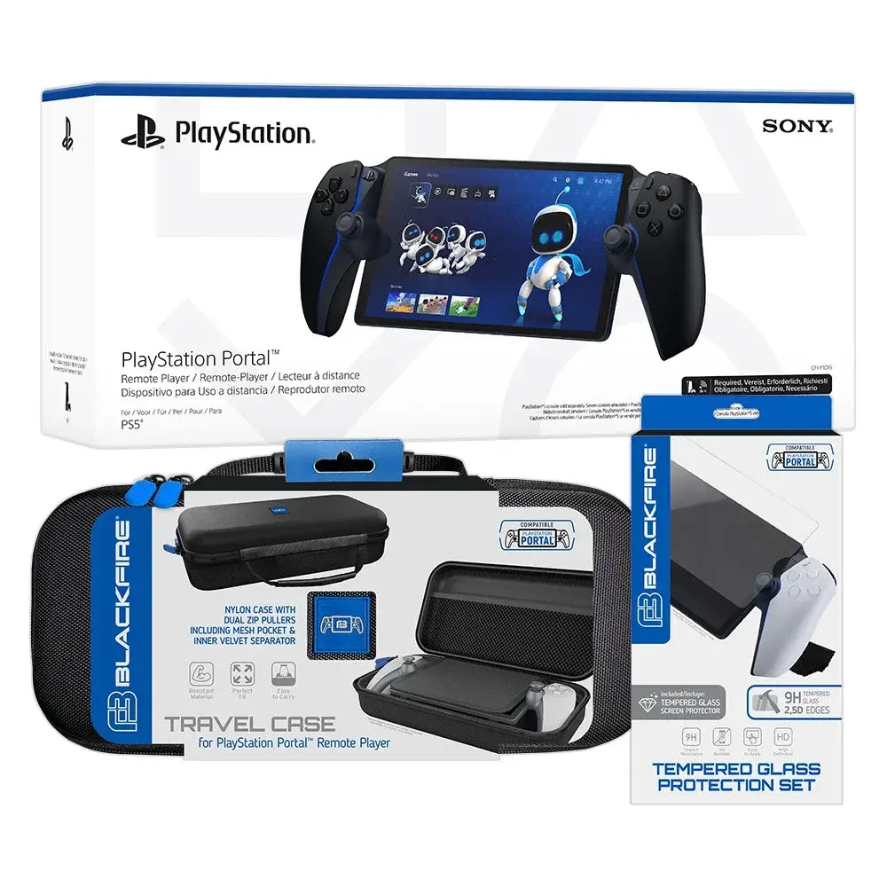 PlayStation Portal Midnight Black Pack + Estojo de transporte em nylon + Conjunto de protetor de vidro temperado 9H + Kit de limpeza