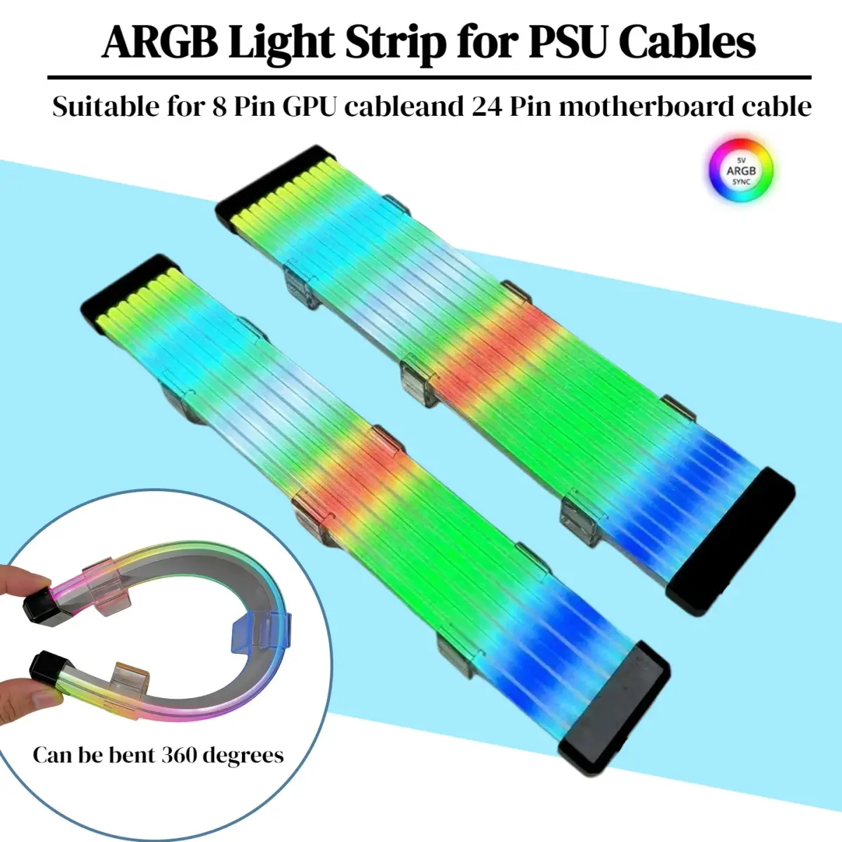 360 ° Fita de Luz LED ARGB Flexível para Cabos de GPU de 8 Pinos e Placa-Mãe de 24 Pinos, Acessório de Iluminação RGB para Modificação de Gabinete de PC