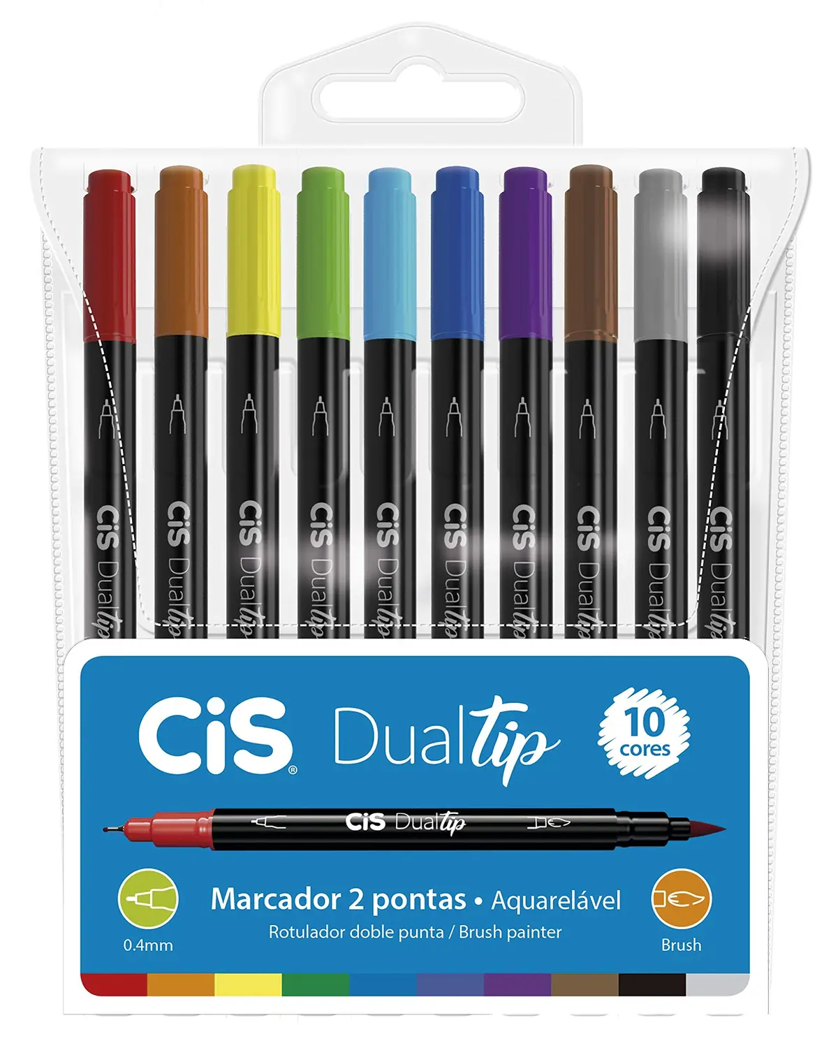 Caneta Pincel dual Tip Aquarelável com 10 cores Cis