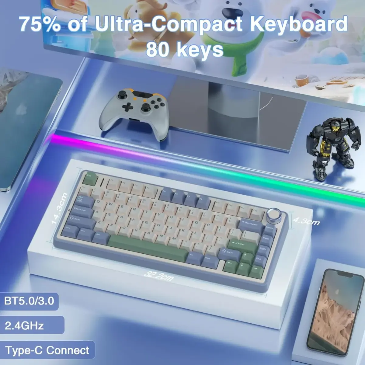 Teclado Mecânico Sem Fio AULA F75 75% Hot Swappable com Teclas Pré-lubrificadas e Switches Reaper, Teclados Gamer com Retroiluminação RGB