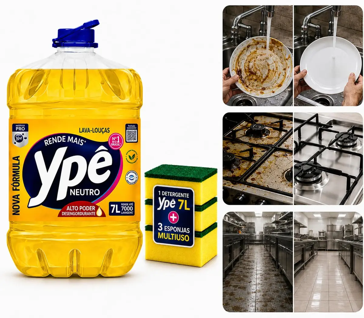 Ypê Detergente Neutro Lava-Louças 7L + 3 Esponjas Multiuso | Alto Poder Desengordurante, Esponja Dupla Face, Biodegradável, PH Neutro,Louças e Superfícies Laváveis